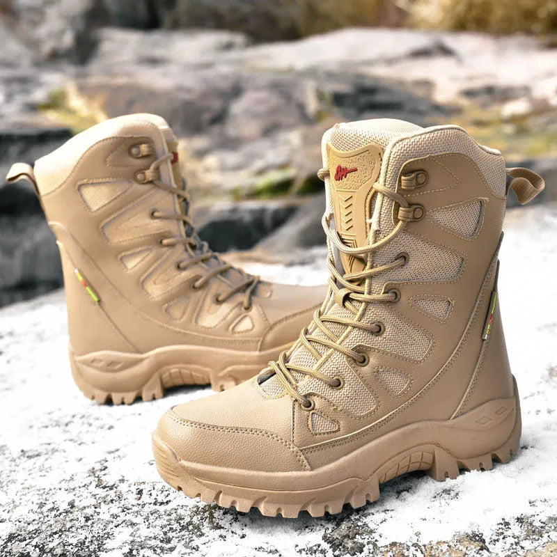 Men's beige cowhide hi-top hiking shoes with a platform sole on a rocky outdoor background.