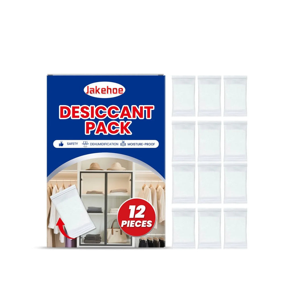 Pack of 12 calcium chloride and wood pulp desiccant units for household moisture and odor control.