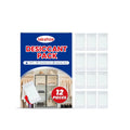 Pack of 12 calcium chloride and wood pulp desiccant units for household moisture and odor control.