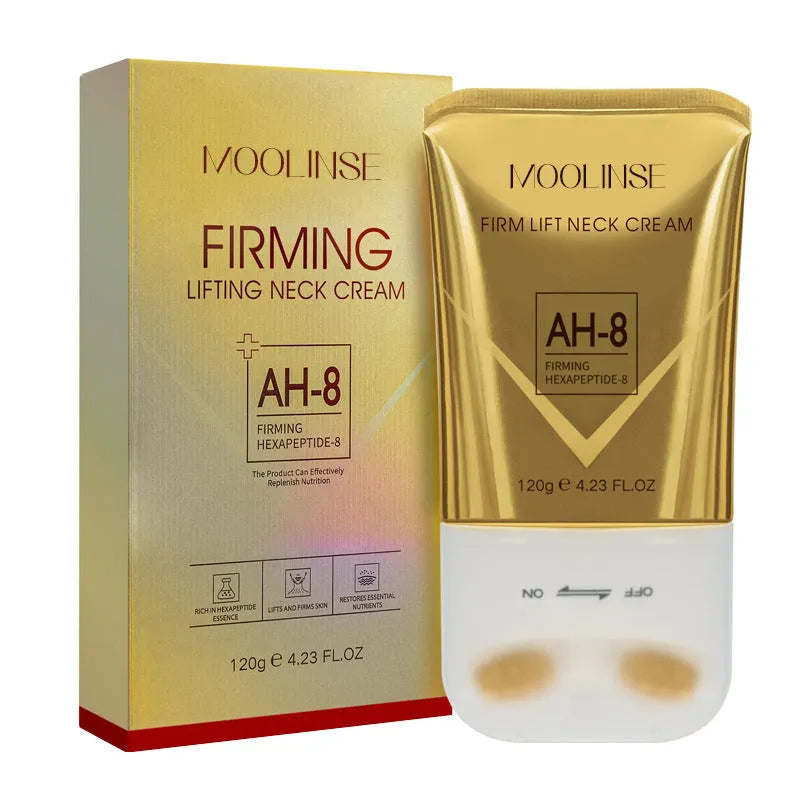 Neck moisturising cream with roller applicator for dry skin in medium sample packaging
