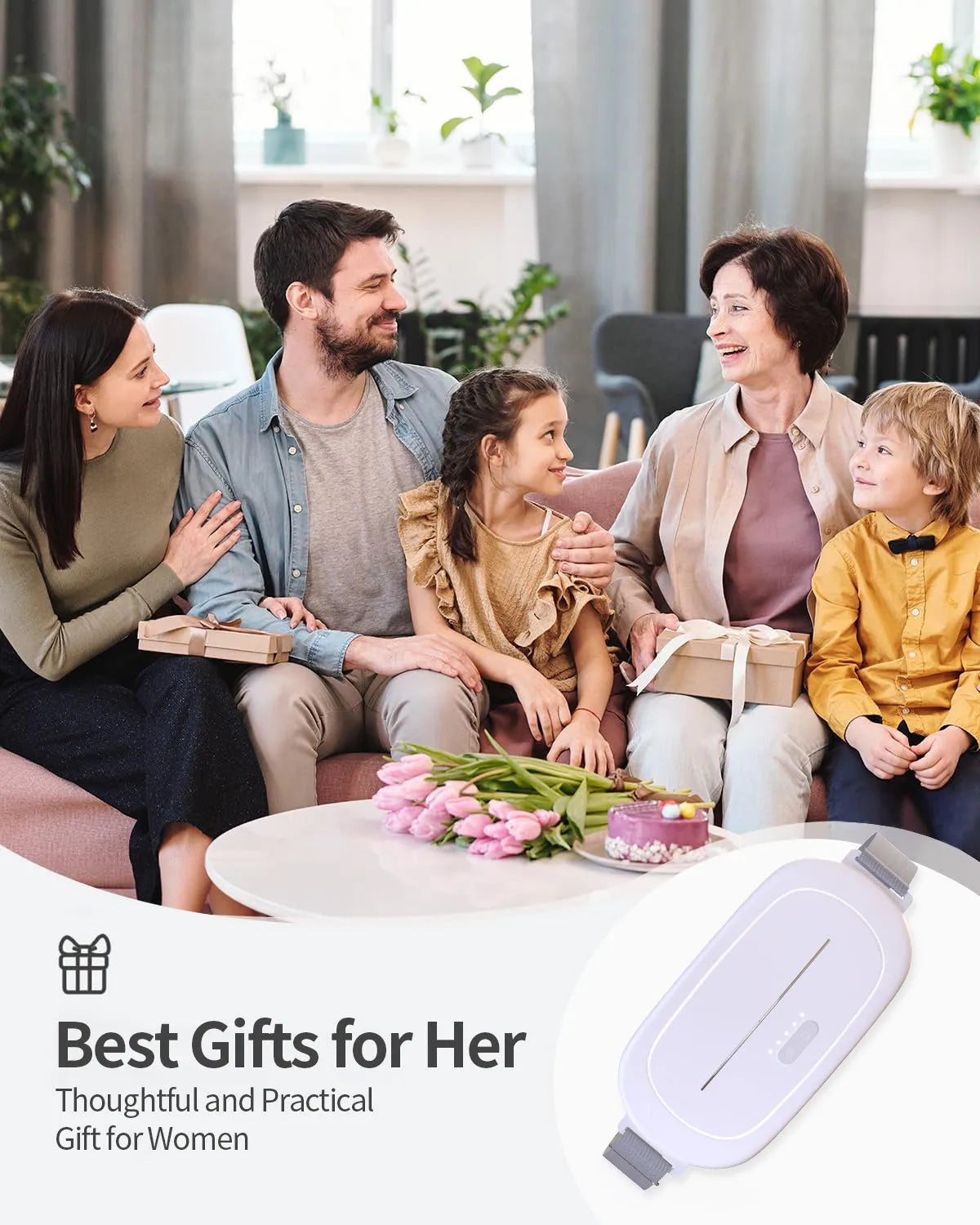 White handheld uterine warming device with control buttons for heat settings