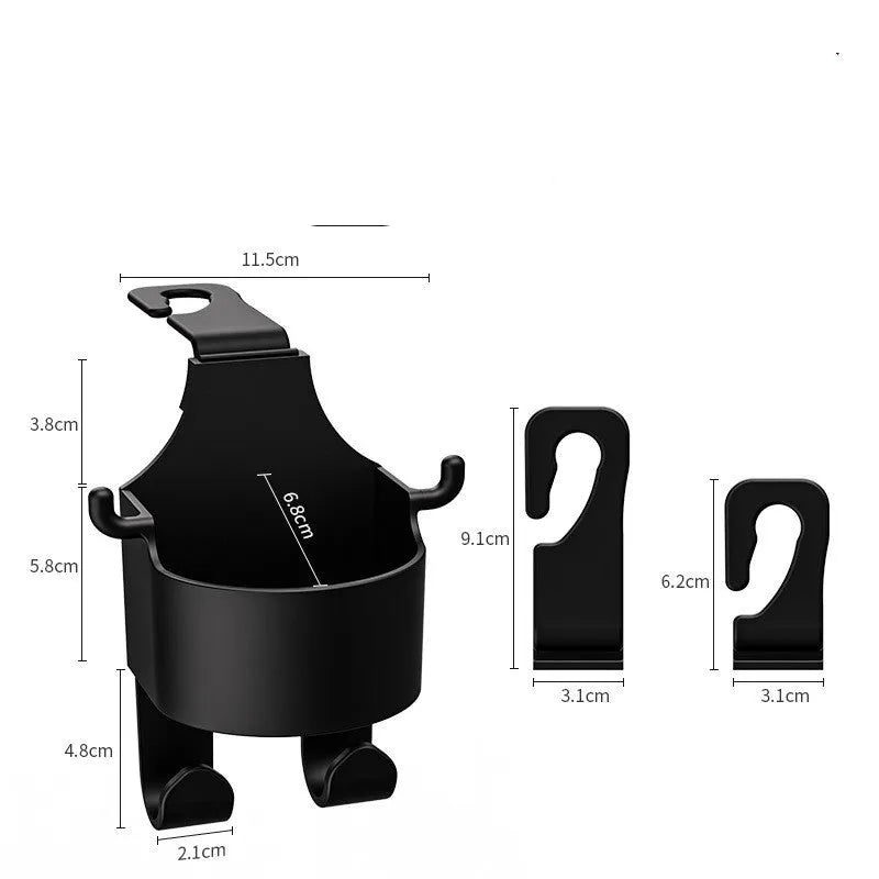 Black plastic car hook seat back organiser with cup holder and hanging hook