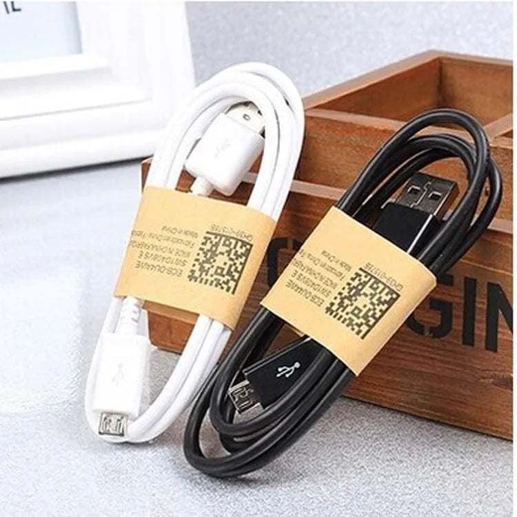 Black and white Android micro USB data and charging cable, 1 metre long with PVC insulation.