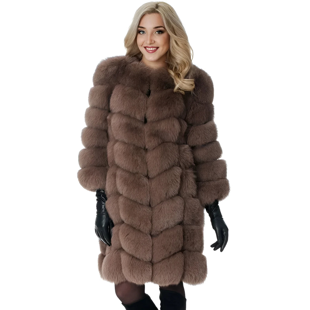 Women's thick black artificial fur coat with regular sleeves on a hanger.