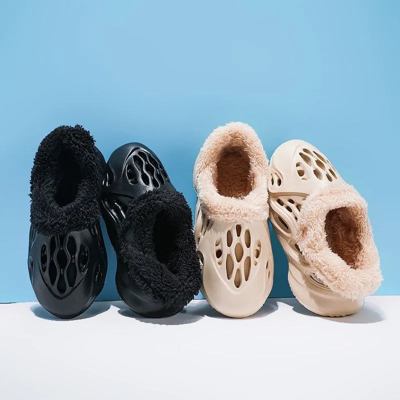 Unisex EVA hole slip slippers in apricot with removable warm plush cover on a light background