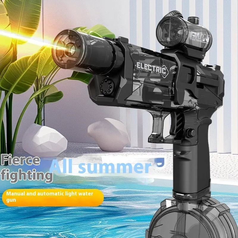Fire Rat electric water pistol with LED lights in blue, showing automatic water spray feature.