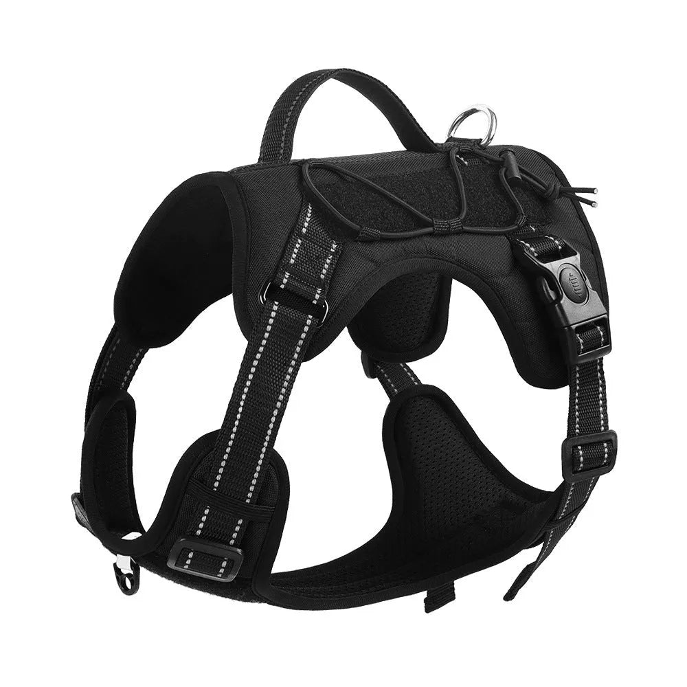 Orange dog harness vest with reflective trim and an attached black hand-holding rope leash.