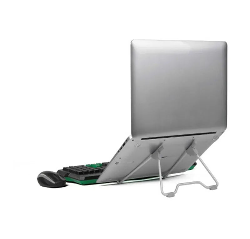 Grey aluminium and plastic adjustable stand holding a mobile phone and a laptop on a desk.