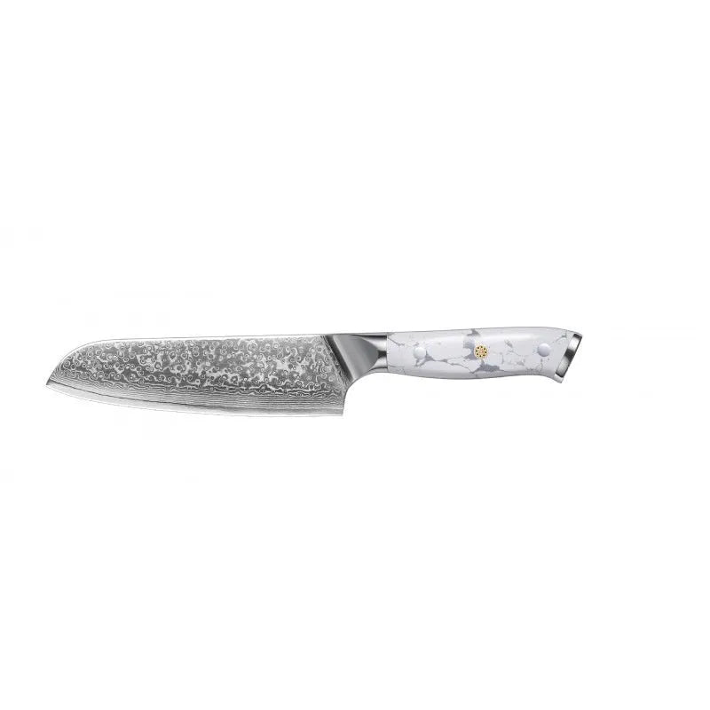 Damascus pattern chef's knife with 21cm blade and 11cm handle showing modern simple design