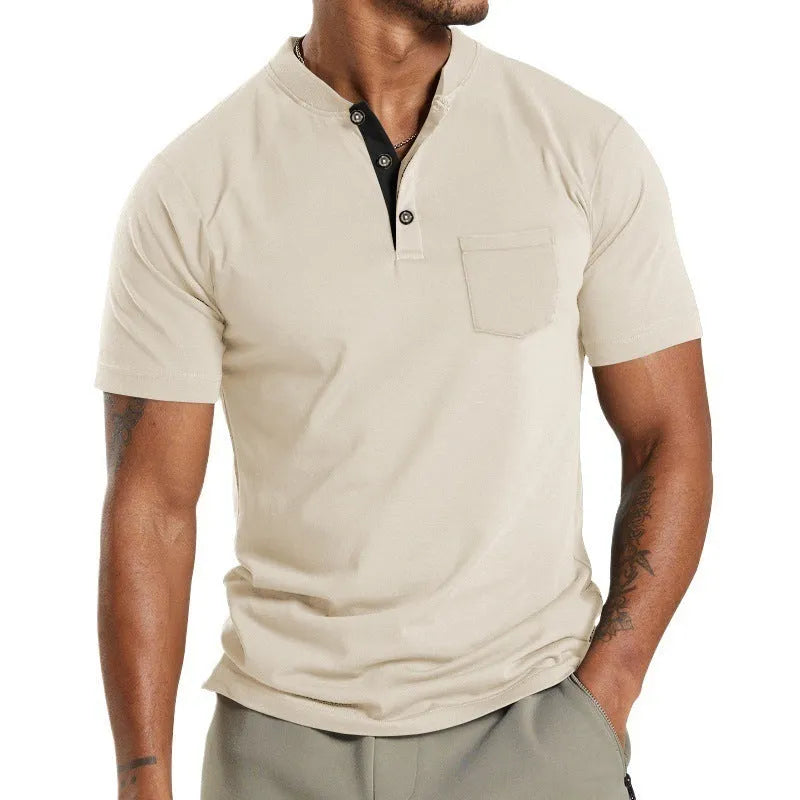 Men's solid colour short sleeve polyester shirt with a button pocket, shown in Army Green.