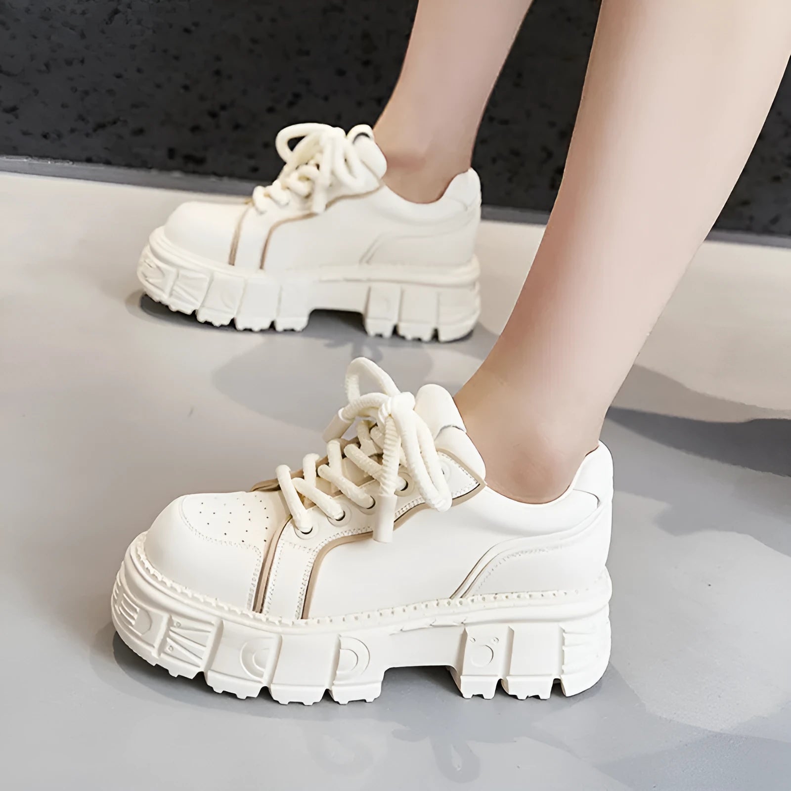 Spring muffin bottom leather casual shoes in beige or pink with height increasing design and rubber foam soles