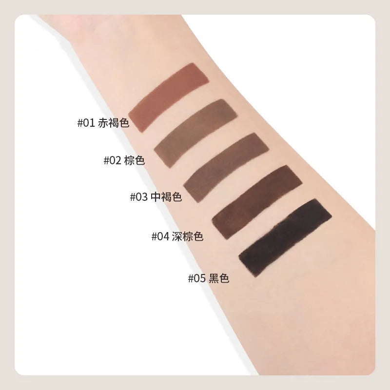 Double-headed eyebrow cream in a tube showing creamy brow product and blending tool, with five neutral shade options displayed.