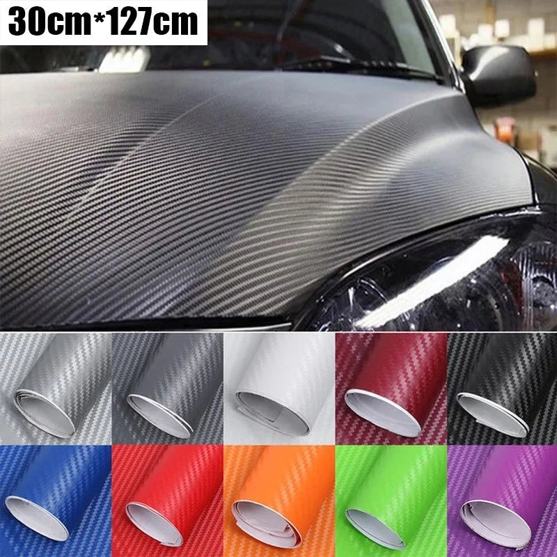 3D carbon fibre sticker roll for car decoration in eight colour options showing textured material