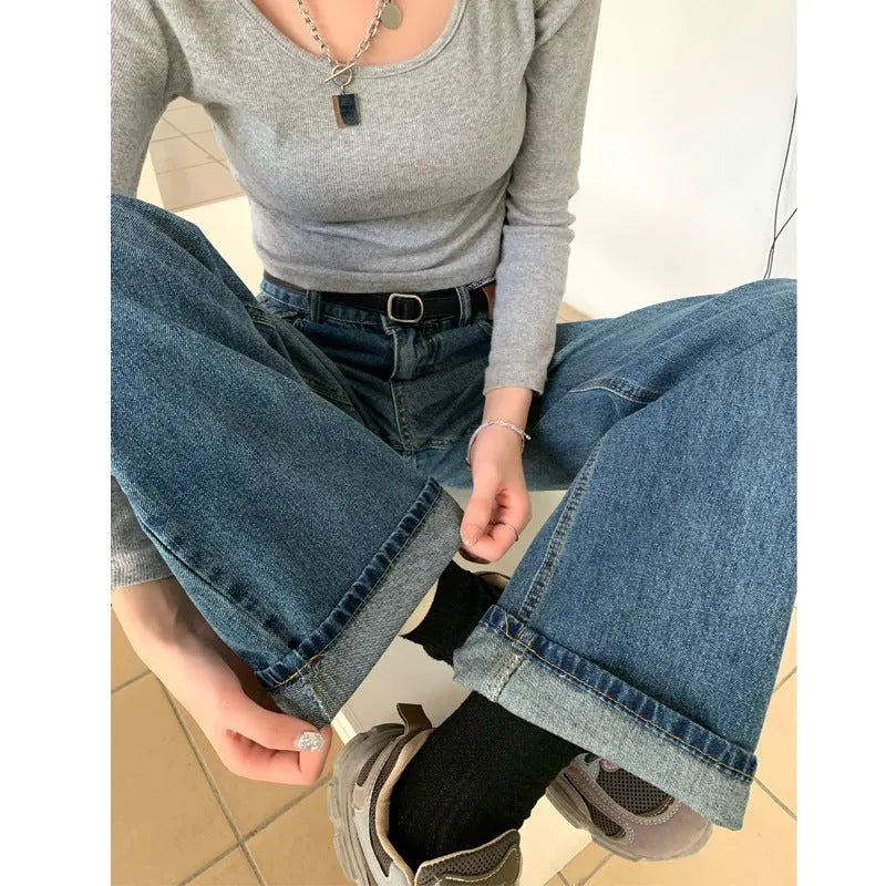 Women's retro blue high waist straight leg jeans in cotton denim showing three length variations