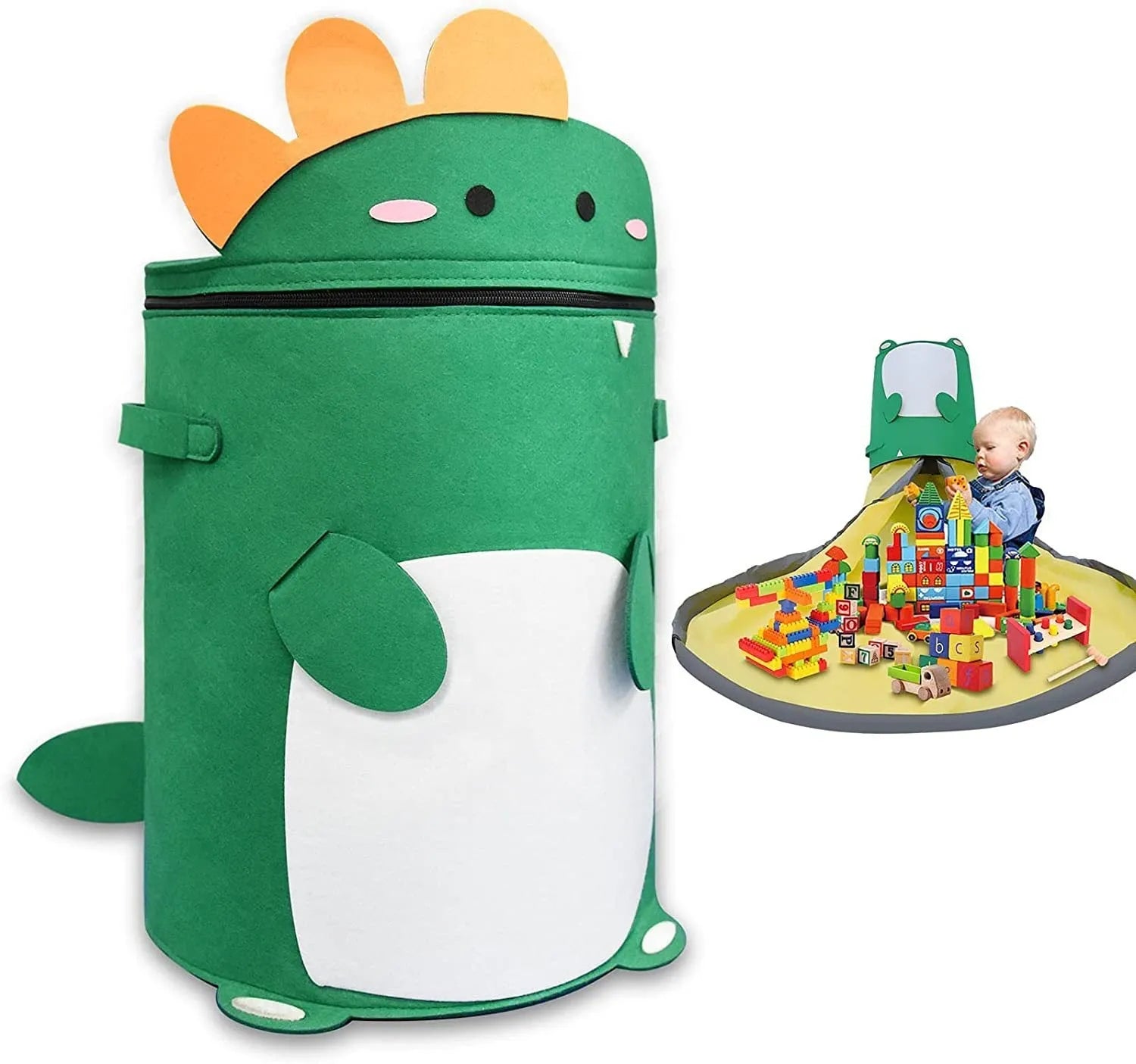 Green felt cube storage bag with pull rope closure, shown open flat as a play mat.