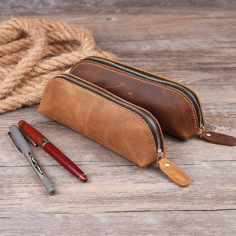 Handmade square leather pencil case with zipper in black, brown, dark brown, or yellow.
