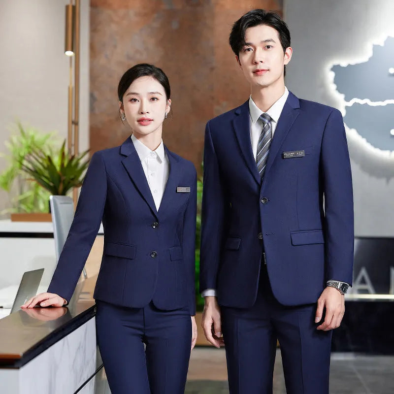 Unisex polyester work suit set with long sleeve jacket and trousers in black, front view