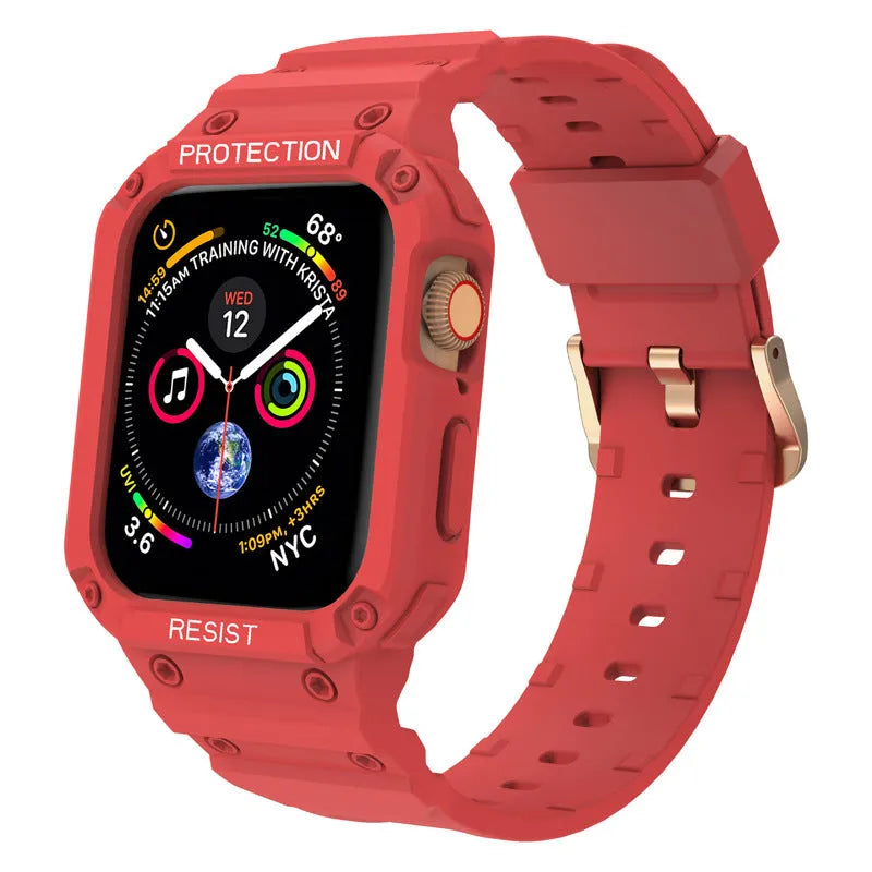 Soft TPU Apple Watch sport strap in multiple colours on a white background, showing 38mm and 42mm size options.
