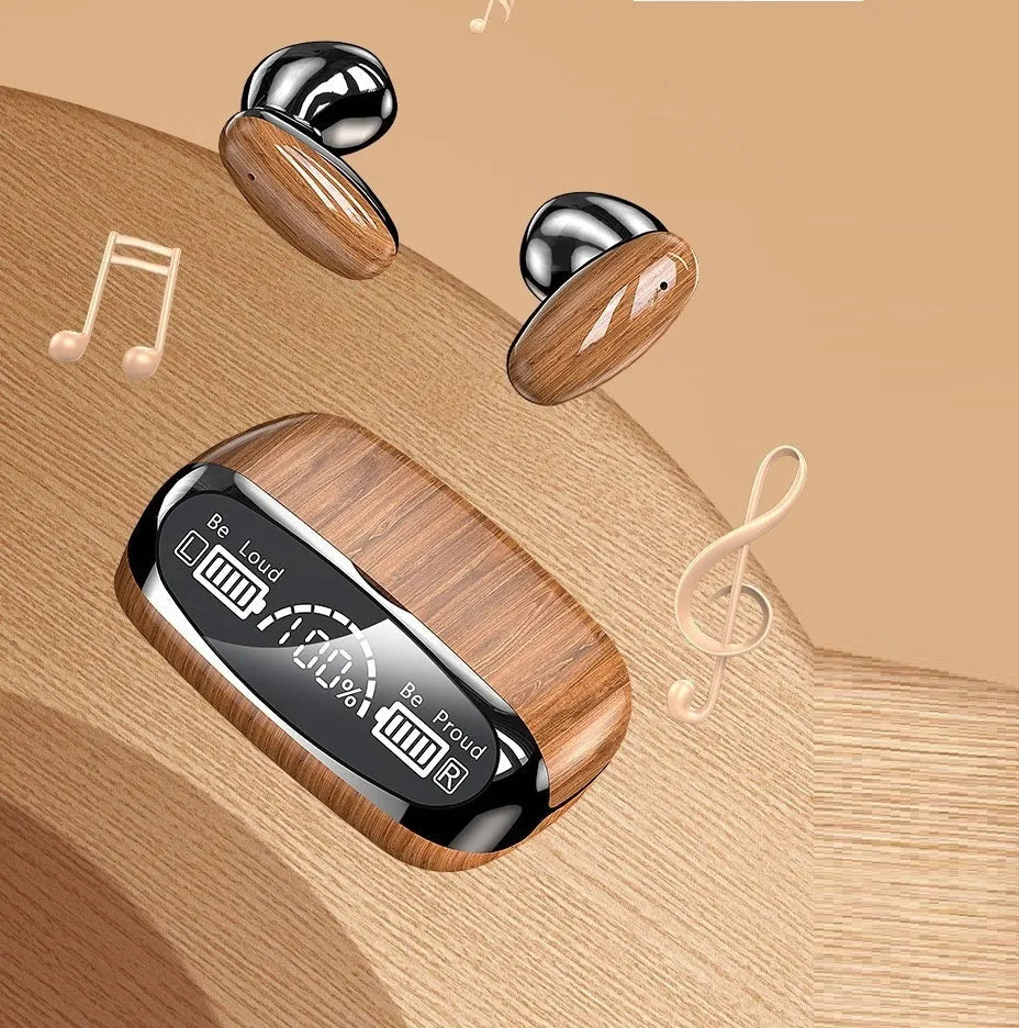 M35 wood grain finish TWS Bluetooth headphones with charging case