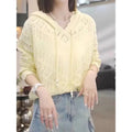 Women's crochet hollow hooded longsuit undershirt in thin polyester knit with long sleeves