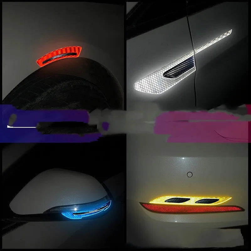 Blue and yellow reflective resin strips for car bumper and wheel arch protection.