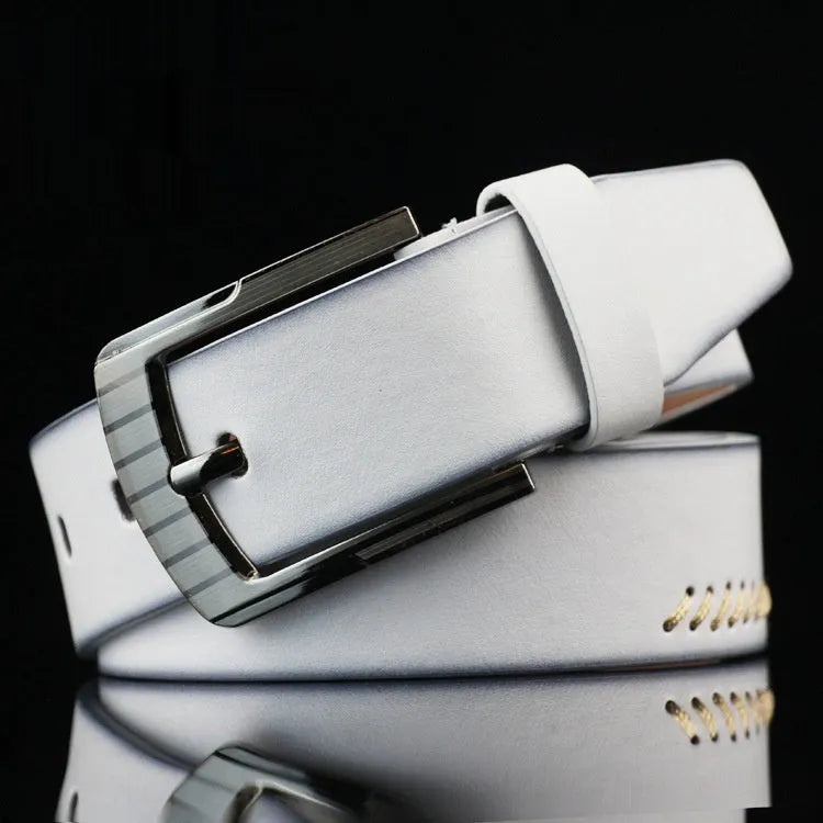 Men's retro-style imitation leather belt with pattern and alloy pin buckle, shown in black.
