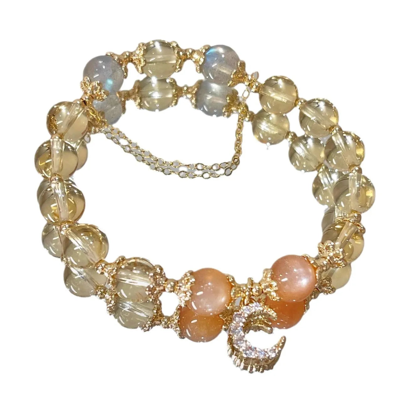 Chinese style women's crystal bracelet with a citrine moonstone and 14K gold electroplating.