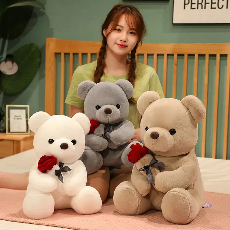 Lovely hug roses teddy bear plush pillow stuffed animal doll in brown, beige or grey colours