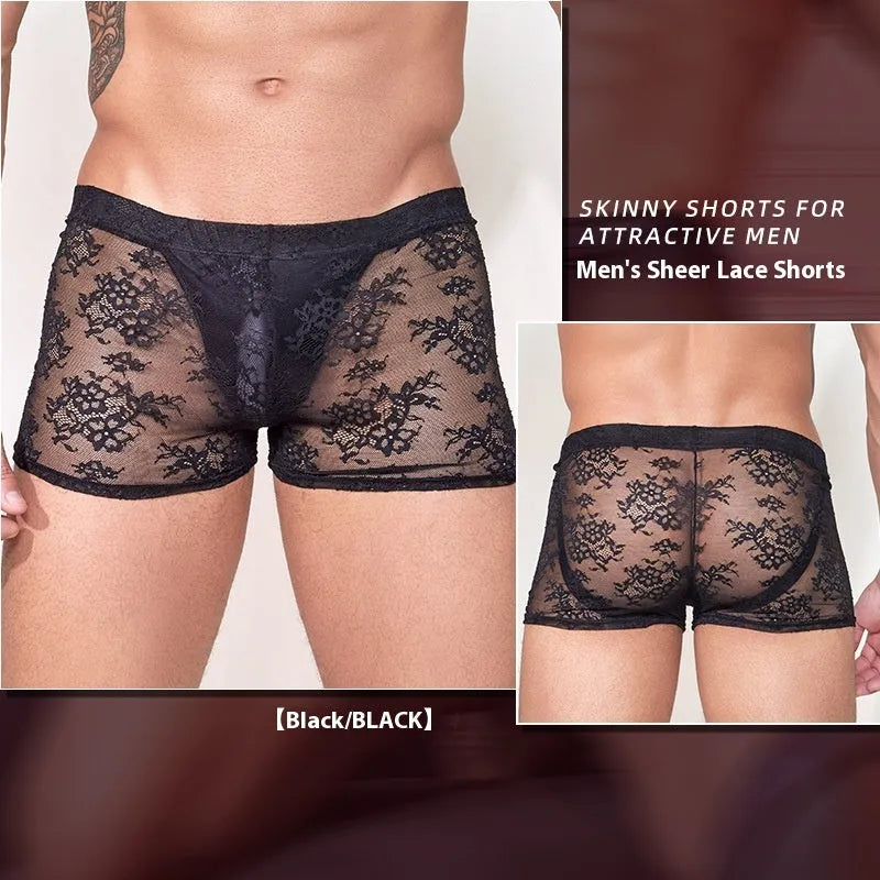 Men's nylon lace boxer shorts in free size fit, showing black, white, and red colour options
