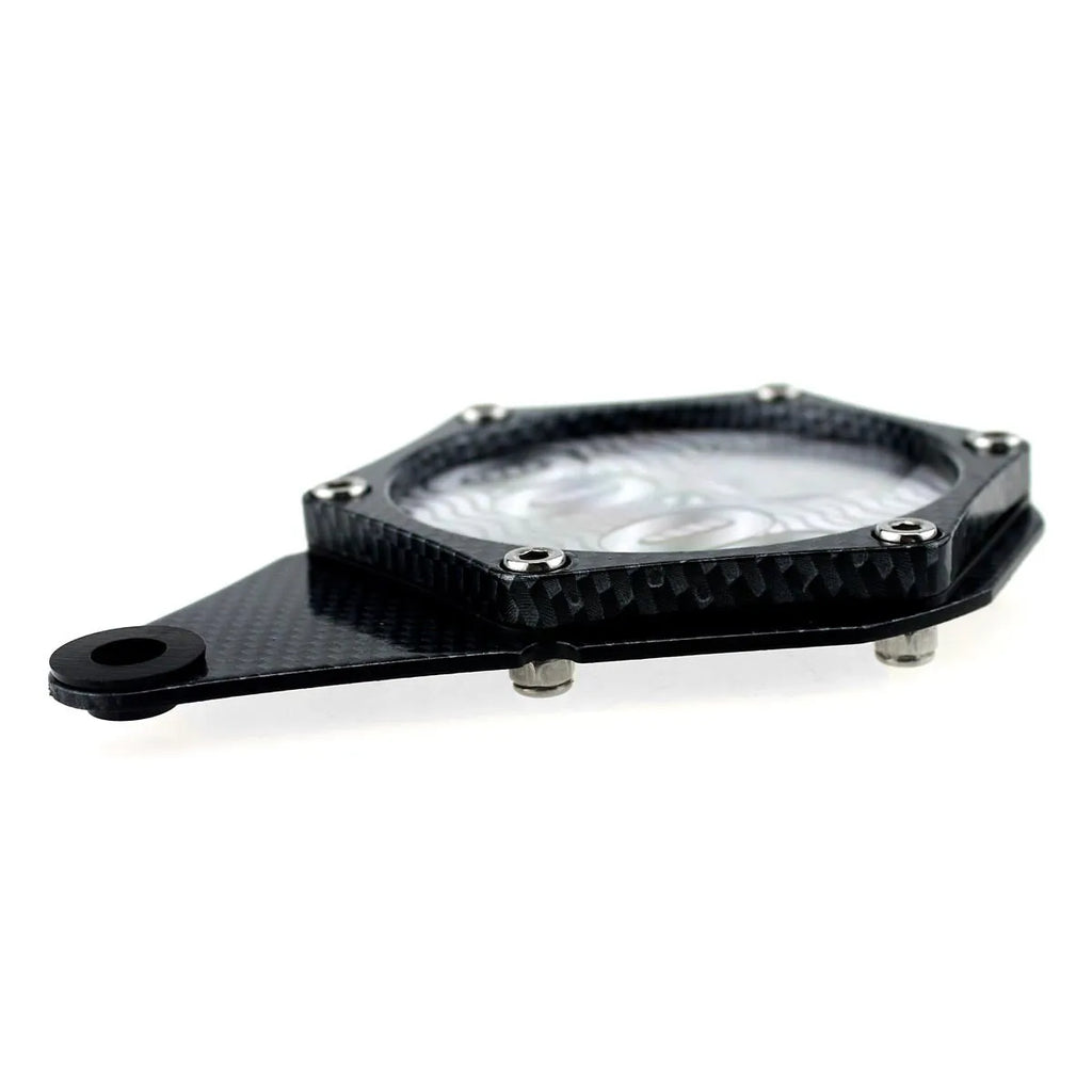 Black carbon fibre patterned metal alloy motorcycle tax disc holder with anti-theft screw.