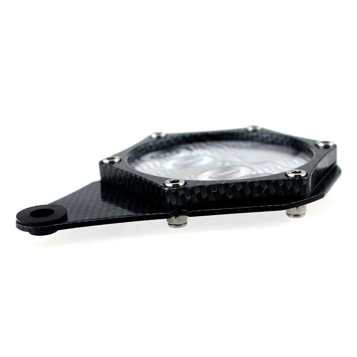 Black carbon fibre patterned metal alloy motorcycle tax disc holder with anti-theft screw.