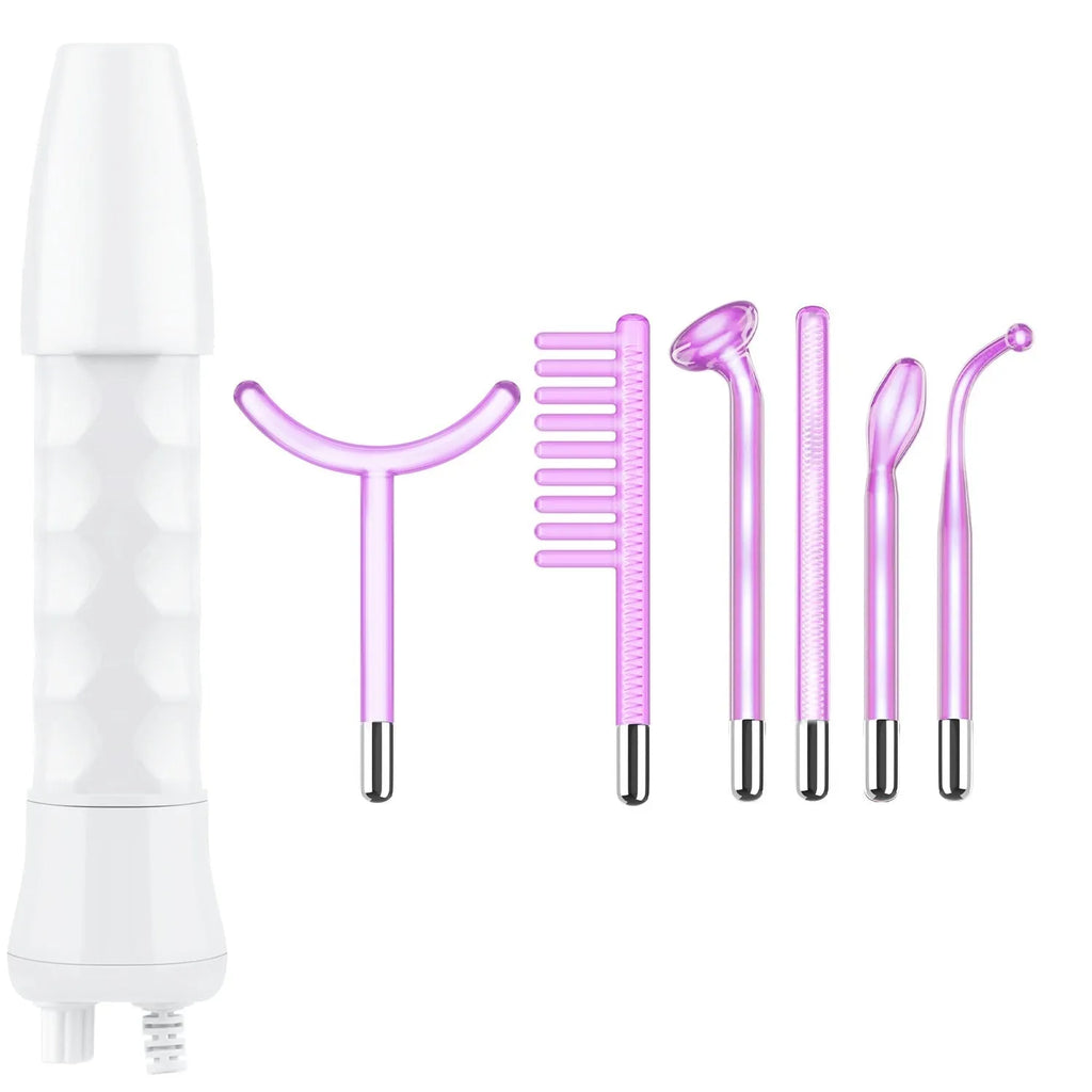 Purple Eutic six-piece high-frequency beauty instrument with six accessory heads for electrotherapy treatments.