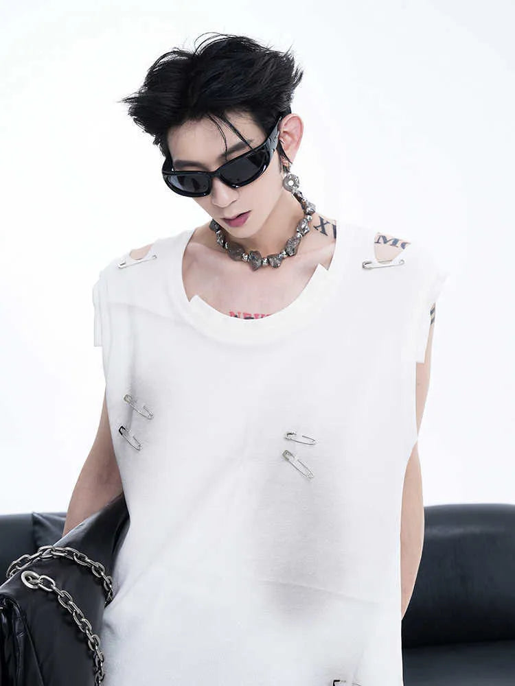 Men's black and white ripped vest with irregular cut sleeveless t-shirt round neck