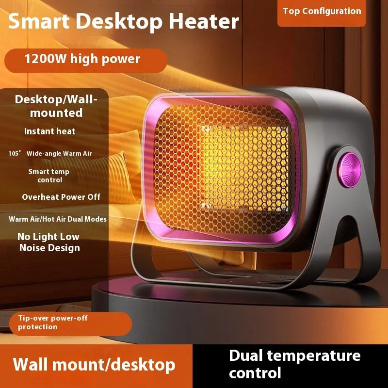 White ceramic desktop electric heater with rotatable base and push-button controls.