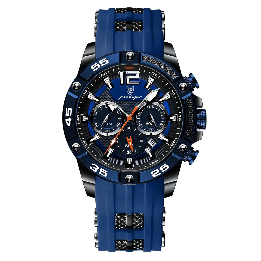 Men's quartz watch with black shell and blue silicone band, 8mm thickness, 912 series casual style