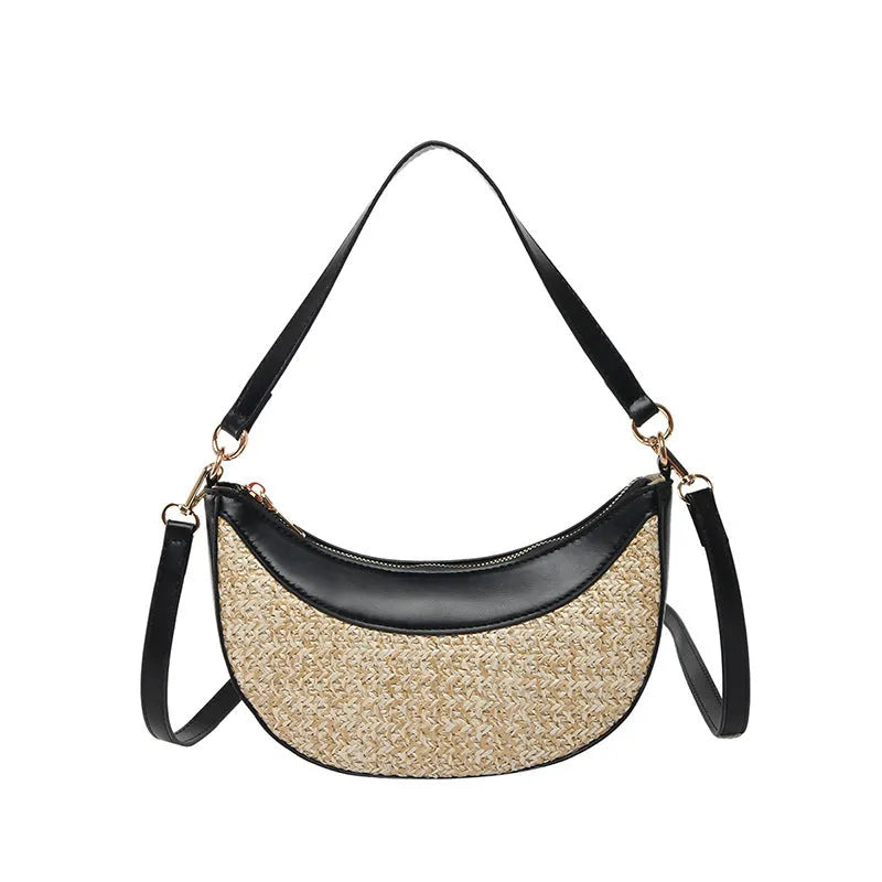 Women's straw crossbody dumpling bag with internal organisers for phone, documents, and change