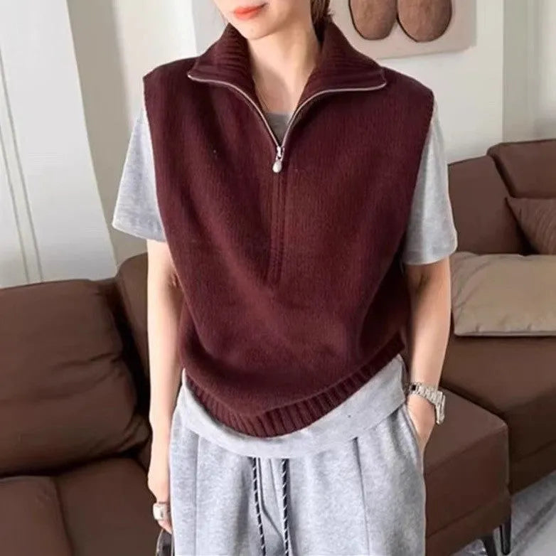 Retro half zip sleeveless knit vest in mesh polyester fabric with Japanese Korean casual styling