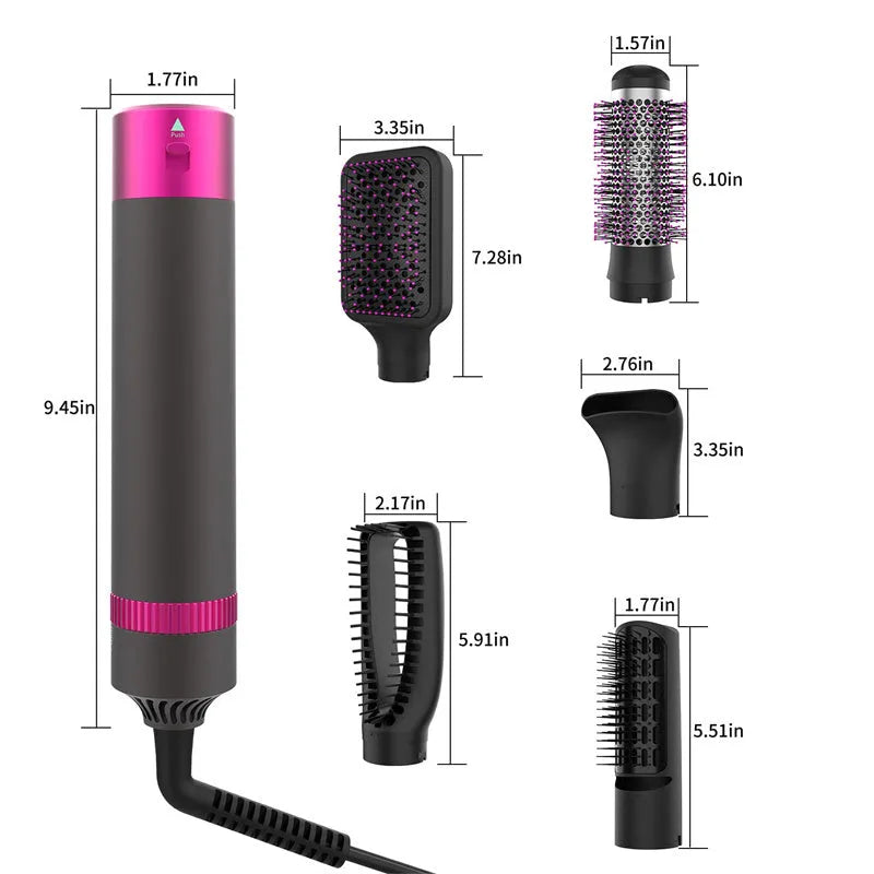 Dyson grey 5-in-1 hair dryer brush and straightening brush with five interchangeable attachments on a white background