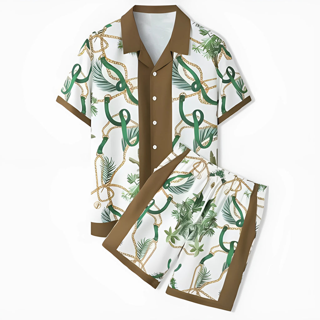 Men's plaid print beach outfit set with short sleeve shirt and pants on a hanger.