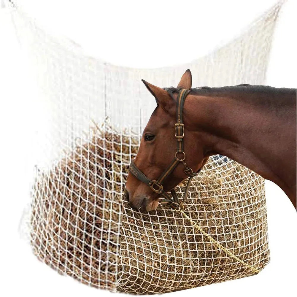 Woven PE rope horse feeding bag hanging with black or white colour options