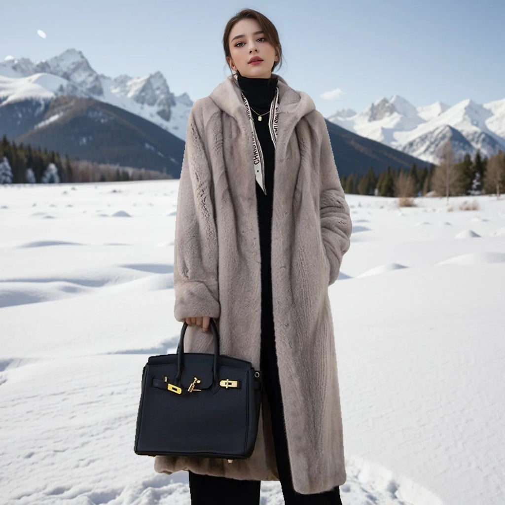 Plus size brown leopard print faux fur coat with 100cm length and regular sleeves