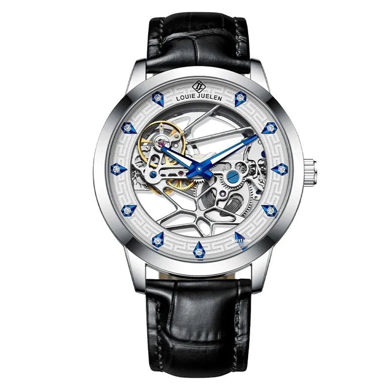 Men's silver mechanical watch with white dial, blue hands, black leather strap and butterfly buckle