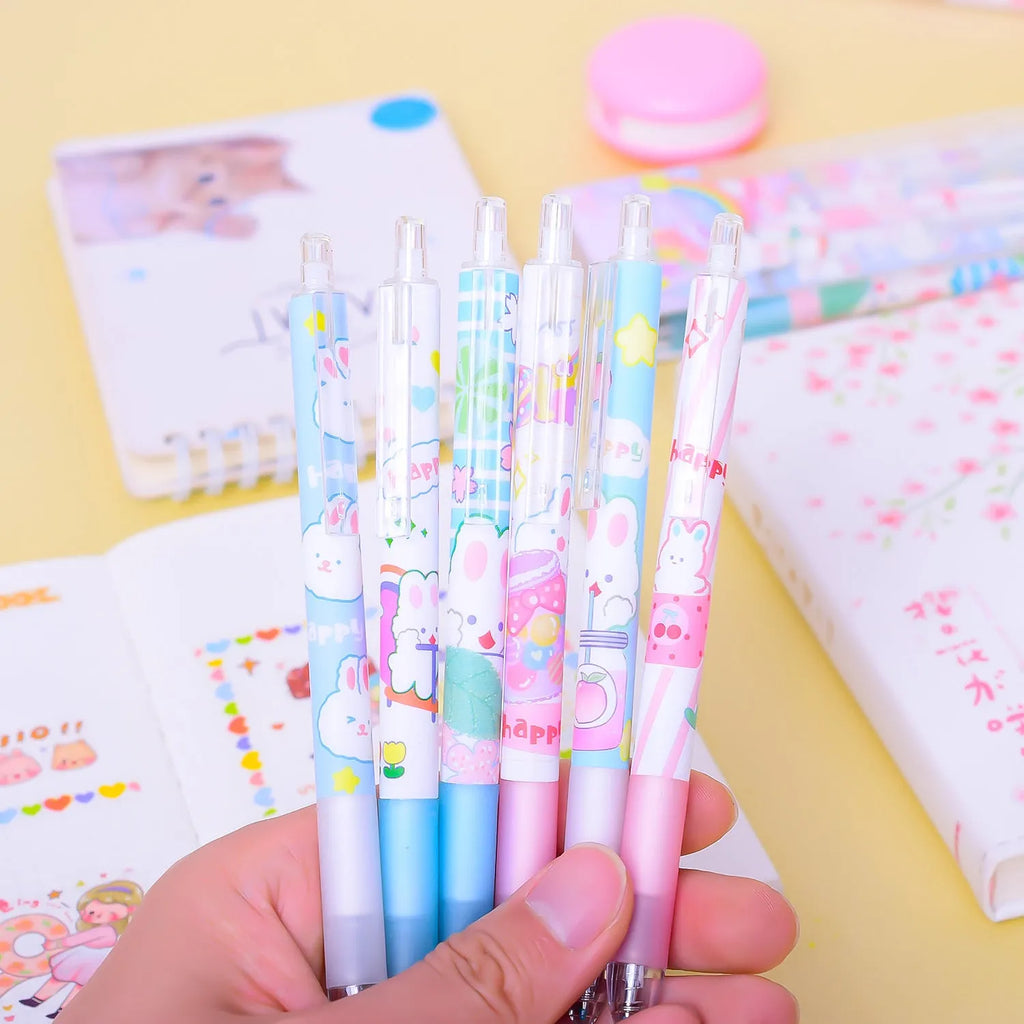 Six black student pens with 0.5mm tips and cartoon bunny design displayed in packaging