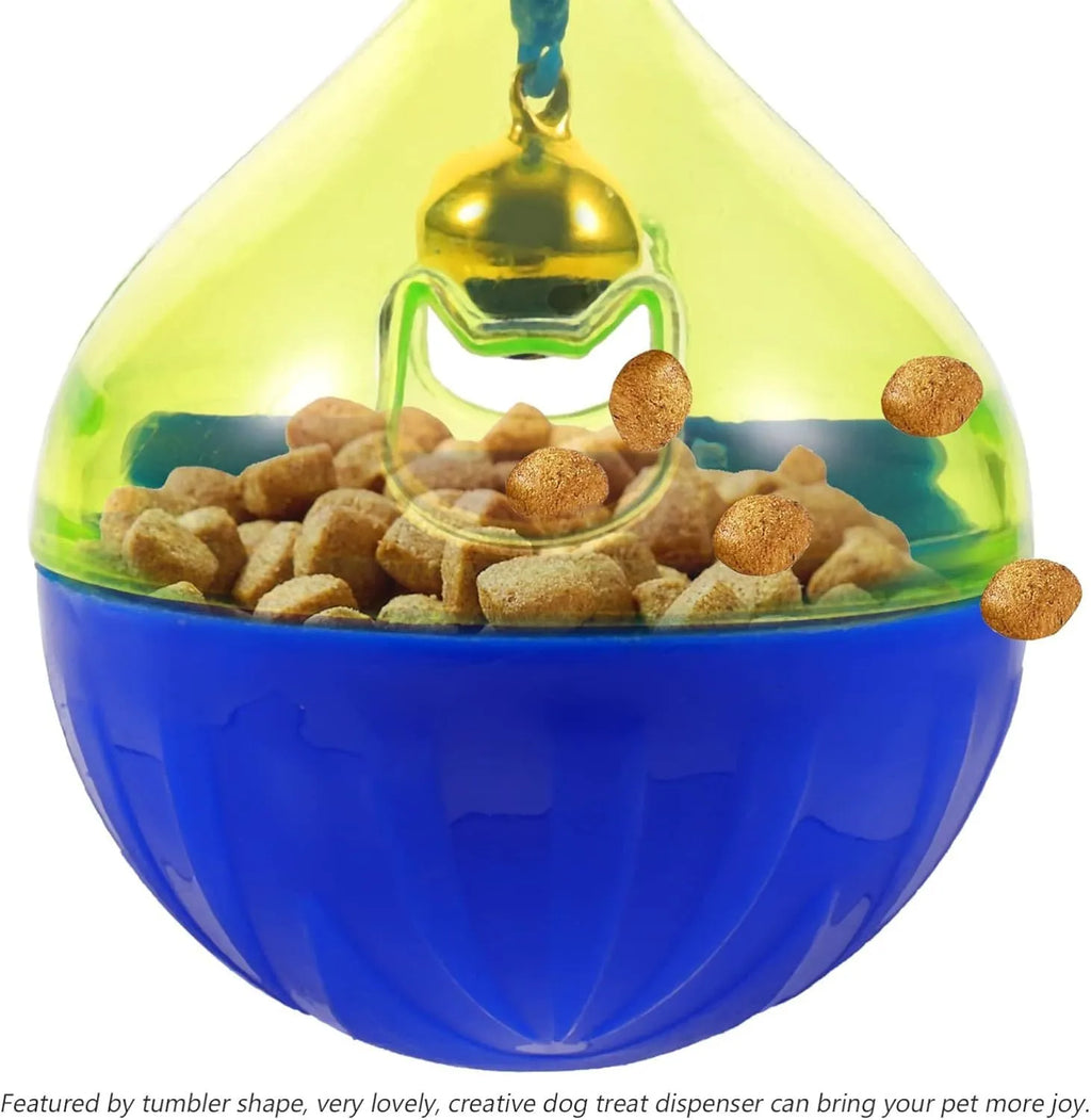 Durable interactive tumbler treat dispenser toy for small dogs and cats.