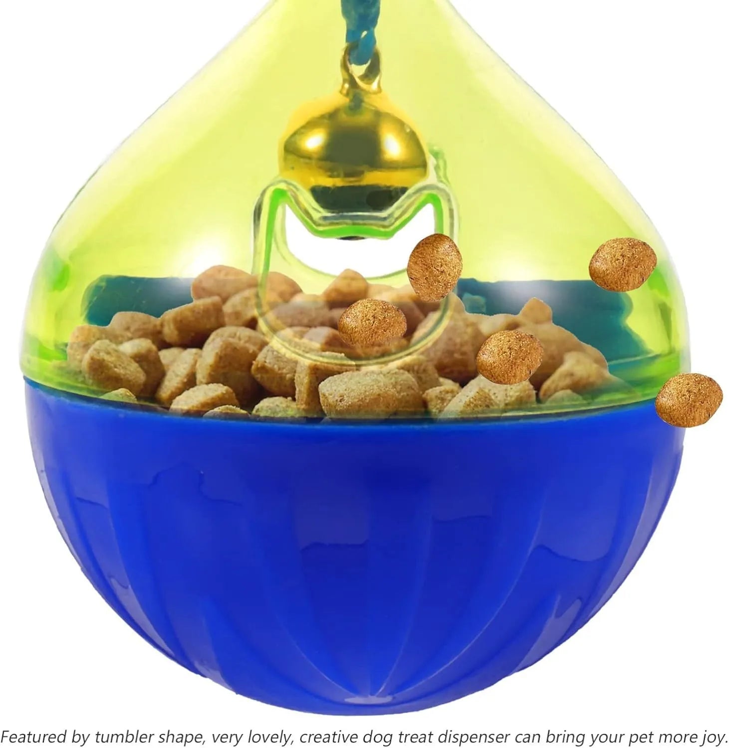 Durable interactive tumbler treat dispenser toy for small dogs and cats.