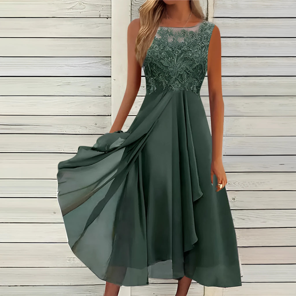 Women's sleeveless chiffon dress with lace stitching in green, purple or blue
