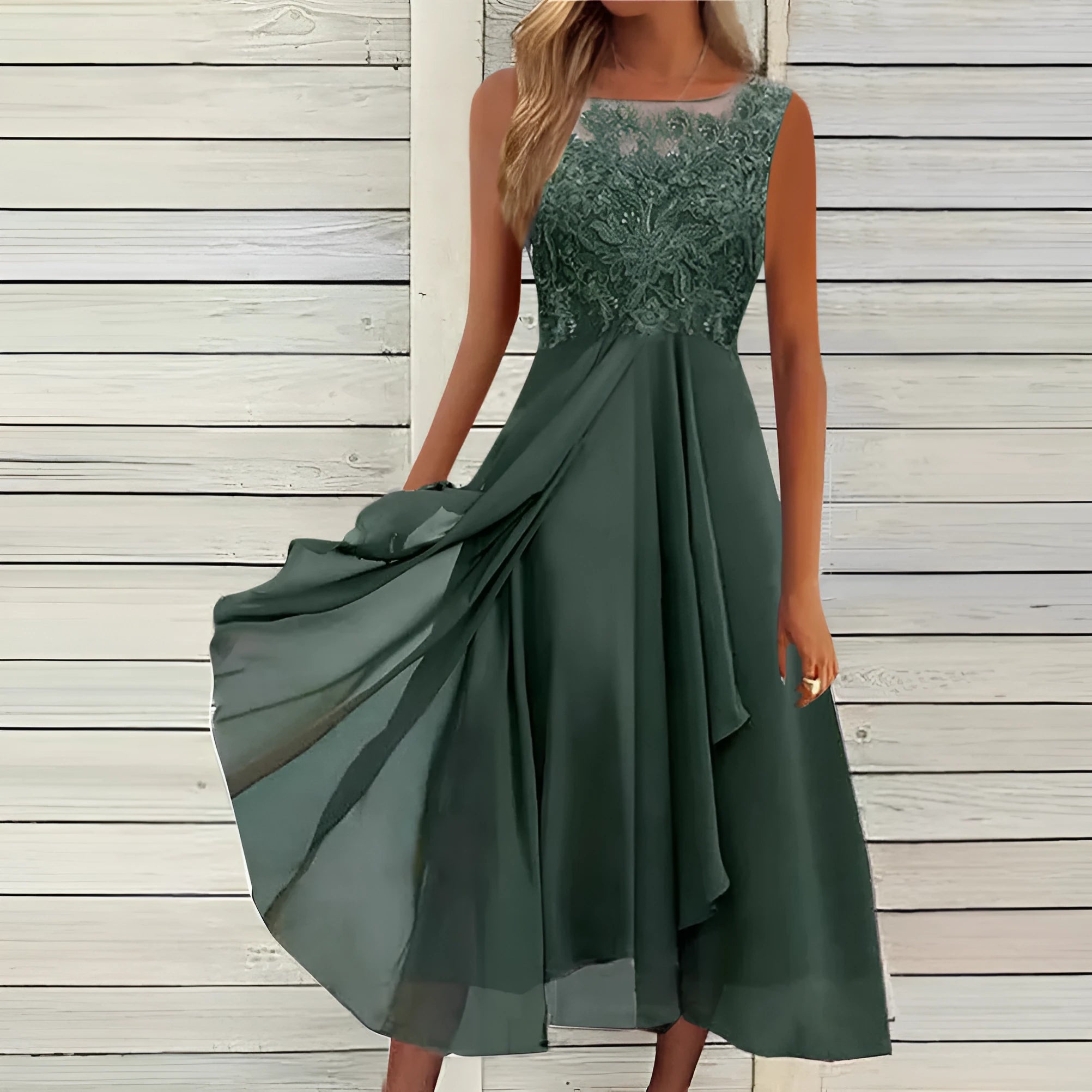 Women's sleeveless chiffon dress with lace stitching in green, purple or blue