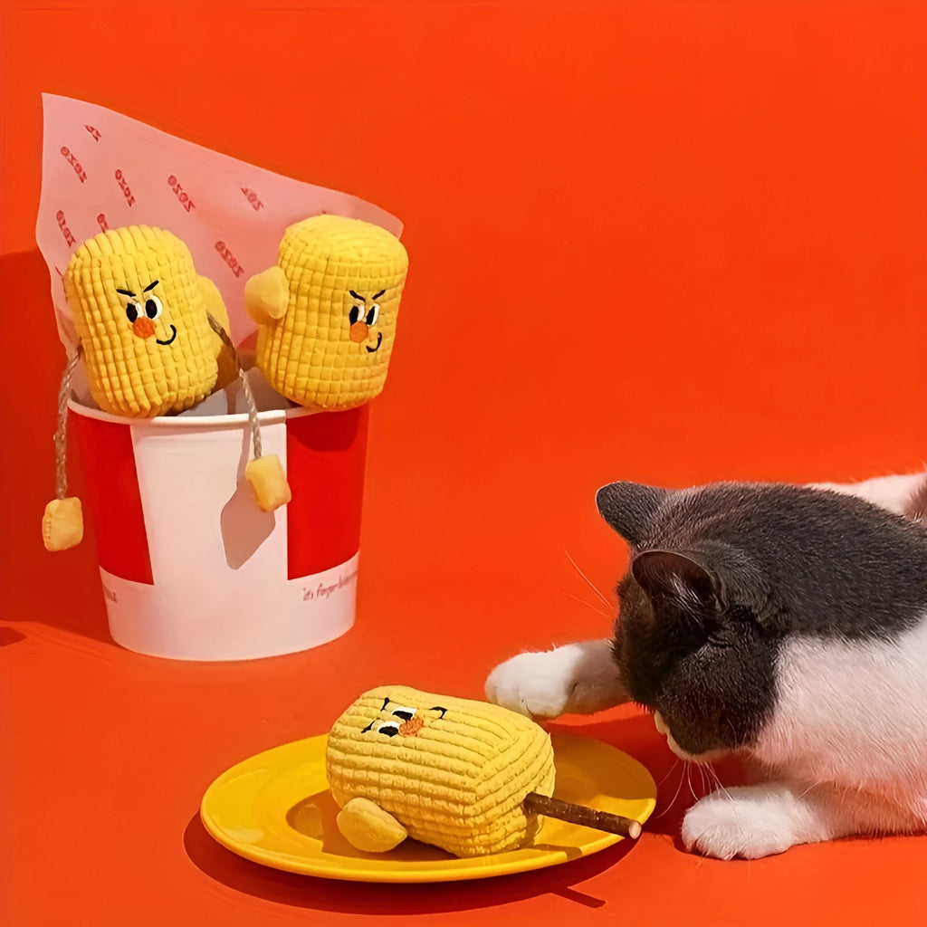 Corn Cob polio wood cat dental chew toy with catnip, showing Boxer and Coach style options.