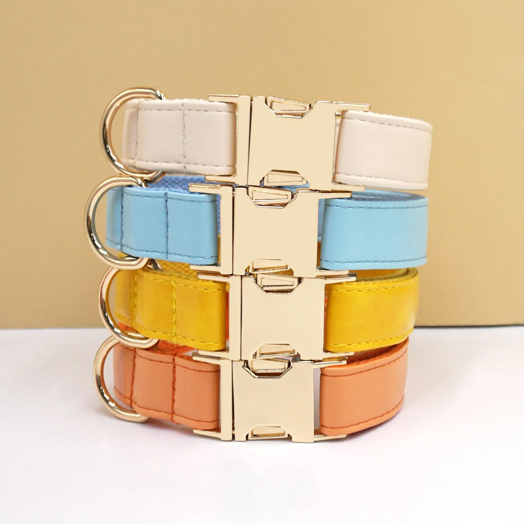 Leather dog collar with velvet colour block in caramel, showing metal buckle and D-ring
