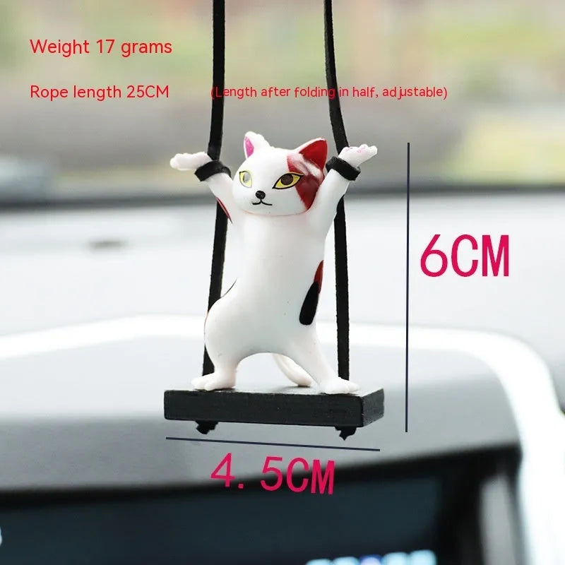 Resin cartoon cat car pendant decoration with adjustable rope in black, white, floral, grey, and brown colours